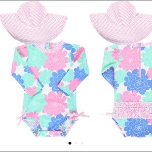 rufflebutts pastel one piece rash guard swimsuit & floppy hat